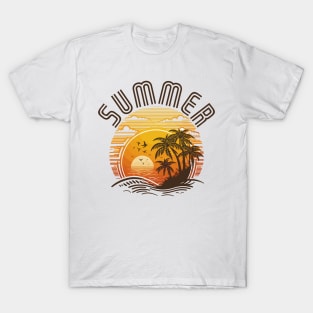 Summer Sunset Palm Tree Beach Ocean Artistic Paradise Classic T-Shirt